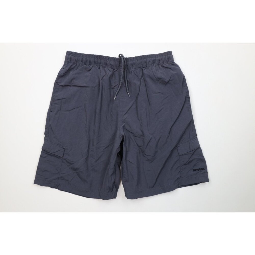 Vintage Reebok Mens Medium Faded Spell Out Above Knee Cargo Shorts Gray Nylon